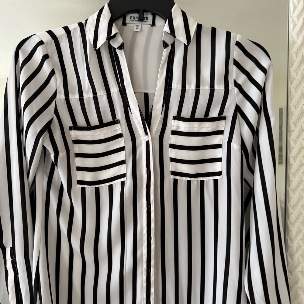 Express Black & White Vertical Stripe Shirt